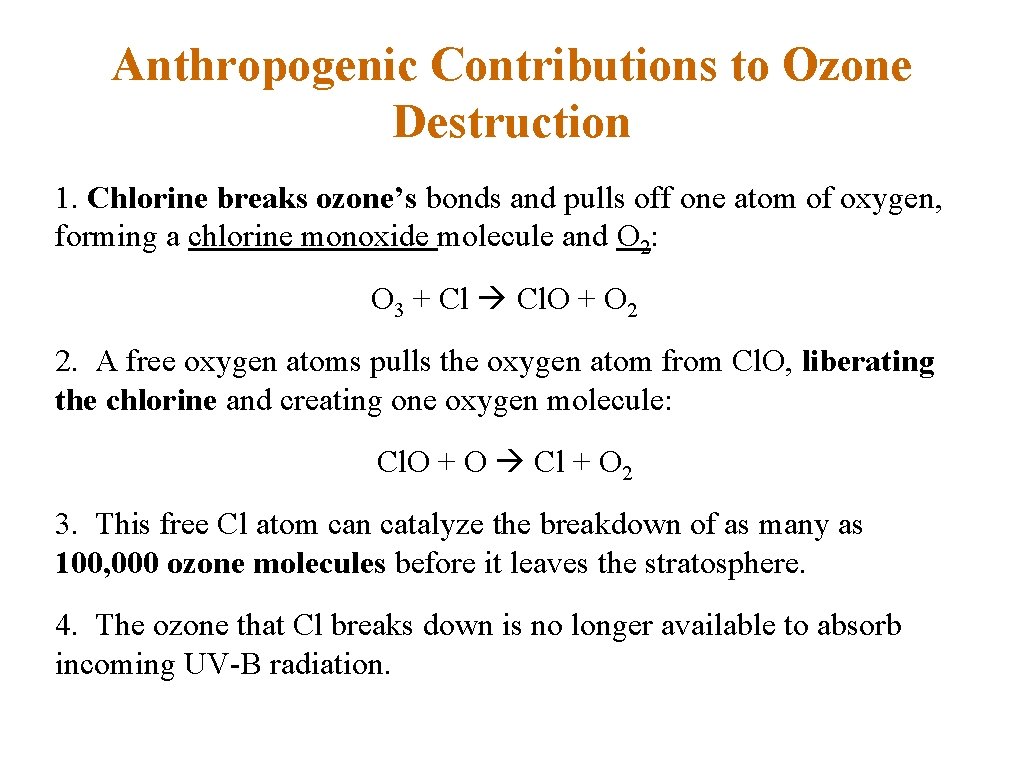 Anthropogenic Contributions to Ozone Destruction 1. Chlorine breaks ozone’s bonds and pulls off one