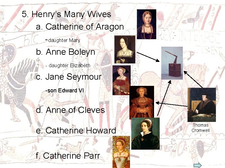 5. Henry’s Many Wives a. Catherine of Aragon -daughter Mary b. Anne Boleyn -