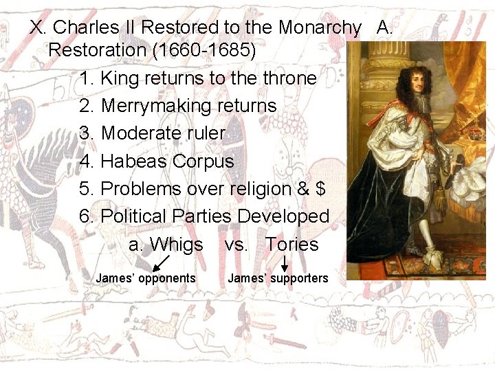 X. Charles II Restored to the Monarchy A. Restoration (1660 -1685) 1. King returns