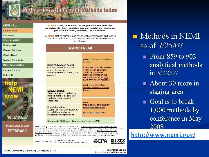 n Methods in NEMI as of 7/25/07 From 859 to 903 analytical methods in