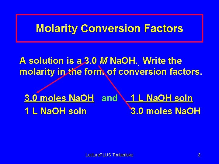 Molarity Conversion Factors A solution is a 3. 0 M Na. OH. . Write