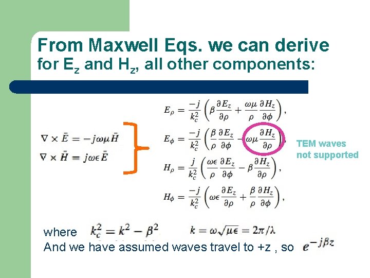 From Maxwell Eqs. we can derive for Ez and Hz, all other components: TEM