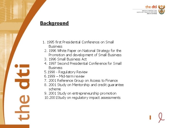 Background 1. 1995 first Presidential Conference on Small Business 2. 1996 White Paper on