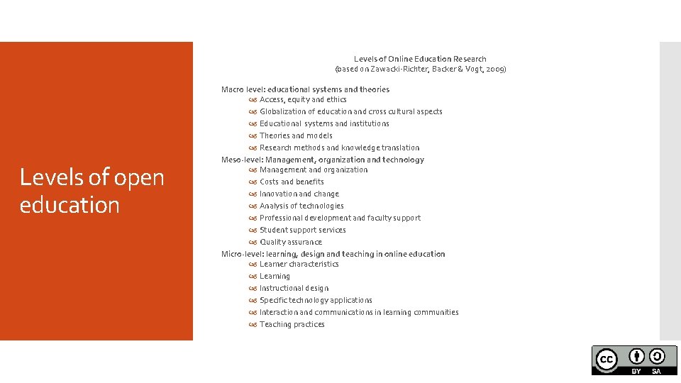 Levels of Online Education Research (based on Zawacki-Richter, Backer & Vogt, 2009) Levels of