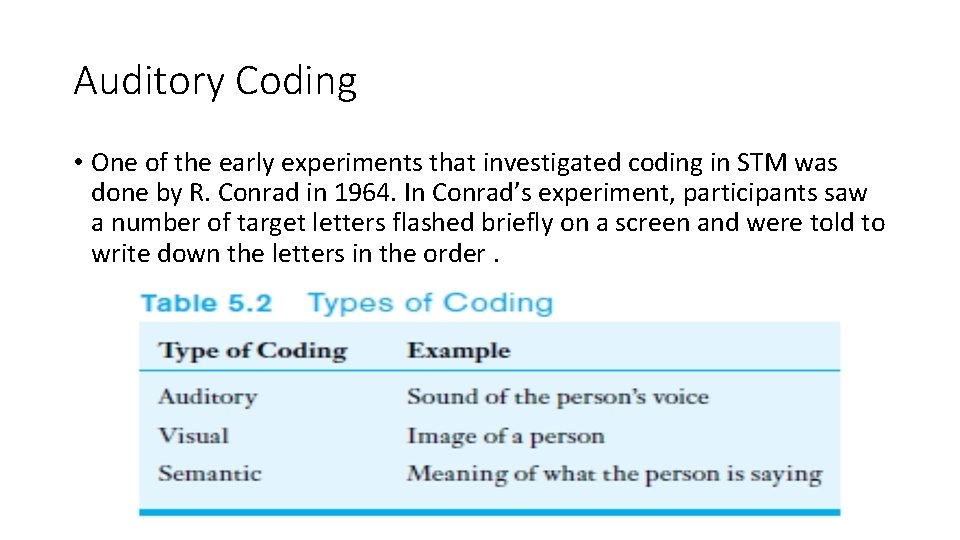 Auditory Coding • One of the early experiments that investigated coding in STM was