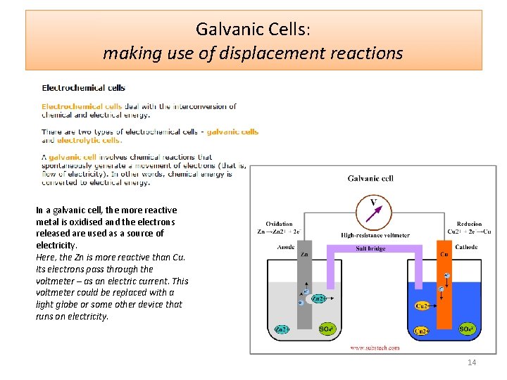 Galvanic Cells: making use of displacement reactions In a galvanic cell, the more reactive