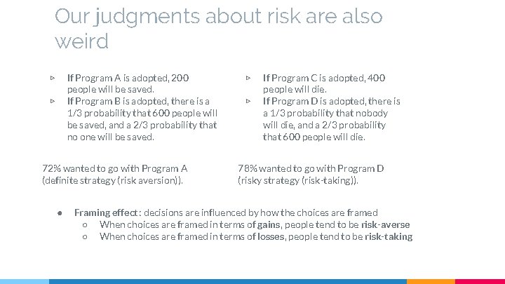 Our judgments about risk are also weird If Program A is adopted, 200 people