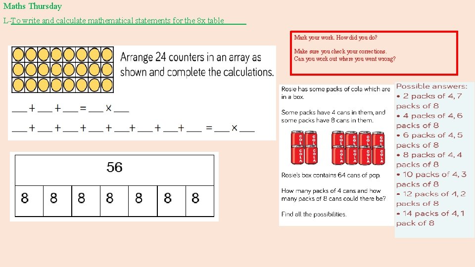 Maths Thursday L-To write and calculate mathematical statements for the 8 x table Mark