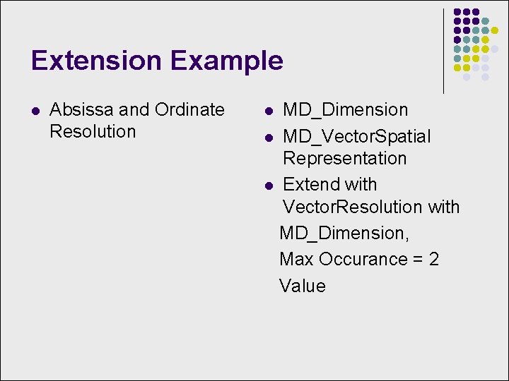 Extension Example l Absissa and Ordinate Resolution MD_Dimension l MD_Vector. Spatial Representation l Extend