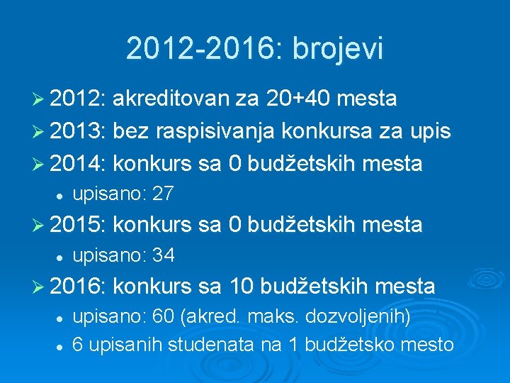 2012 -2016: brojevi Ø 2012: akreditovan za 20+40 mesta Ø 2013: bez raspisivanja konkursa