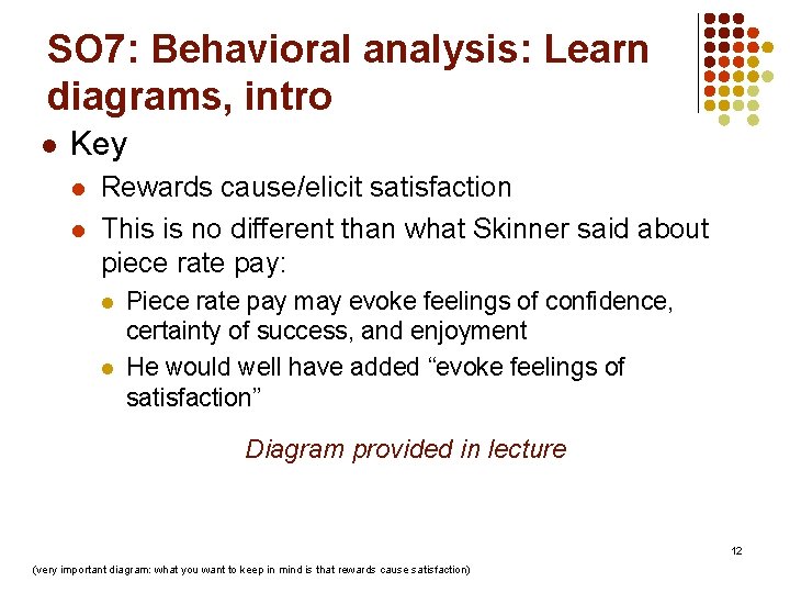 SO 7: Behavioral analysis: Learn diagrams, intro l Key l l Rewards cause/elicit satisfaction