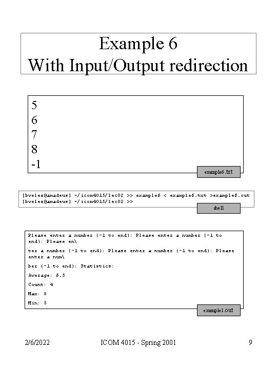 Example 6 With Input/Output redirection 5 6 7 8 -1 example 6. txt [bvelez@amadeus]