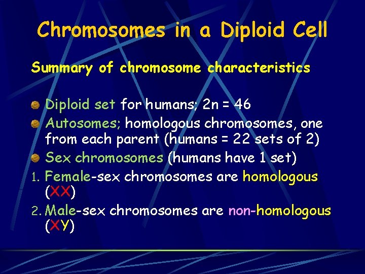 Chromosomes in a Diploid Cell Summary of chromosome characteristics Diploid set for humans; 2