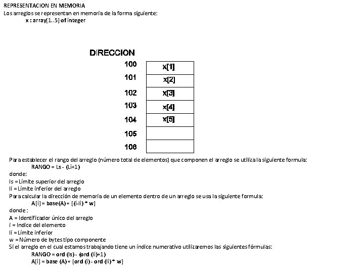 REPRESENTACION EN MEMORIA Los arreglos se representan en memoria de la forma siguiente: x