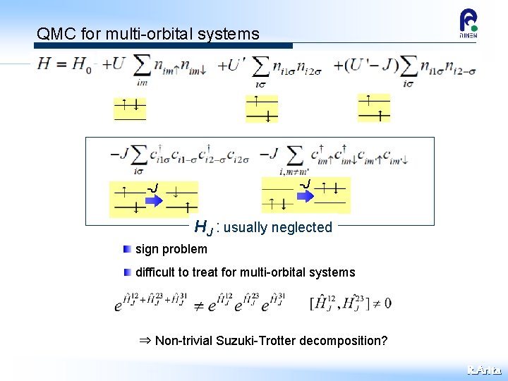 QMC for multi-orbital systems -J -J HJ : usually neglected sign problem difficult to