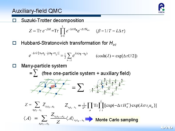 Auxiliary-field QMC o Suzuki-Trotter decomposition o Hubbard-Stratonovich transformation for Hint o Many-particle system =