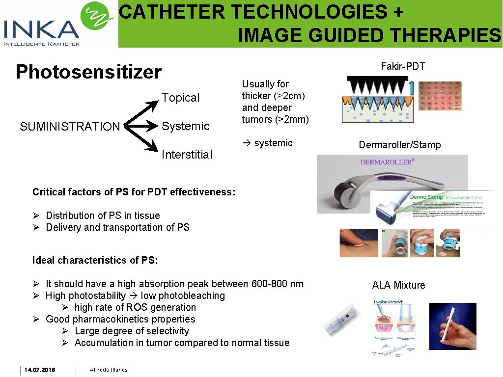 CATHETER TECHNOLOGIES + IMAGE GUIDED THERAPIES Fakir-PDT Photosensitizer Topical SUMINISTRATION Systemic Interstitial Usually for