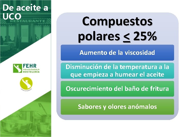 De aceite a UCO Compuestos polares < 25% Aumento de la viscosidad Disminución de