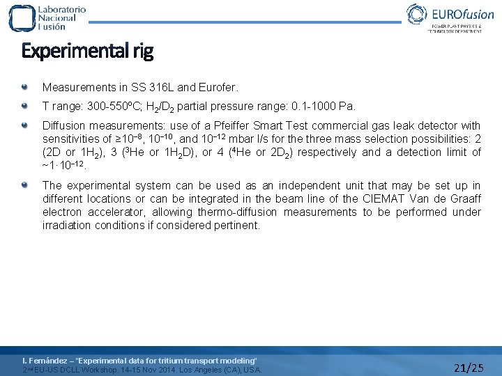 Experimental rig Measurements in SS 316 L and Eurofer. T range: 300 -550ºC; H