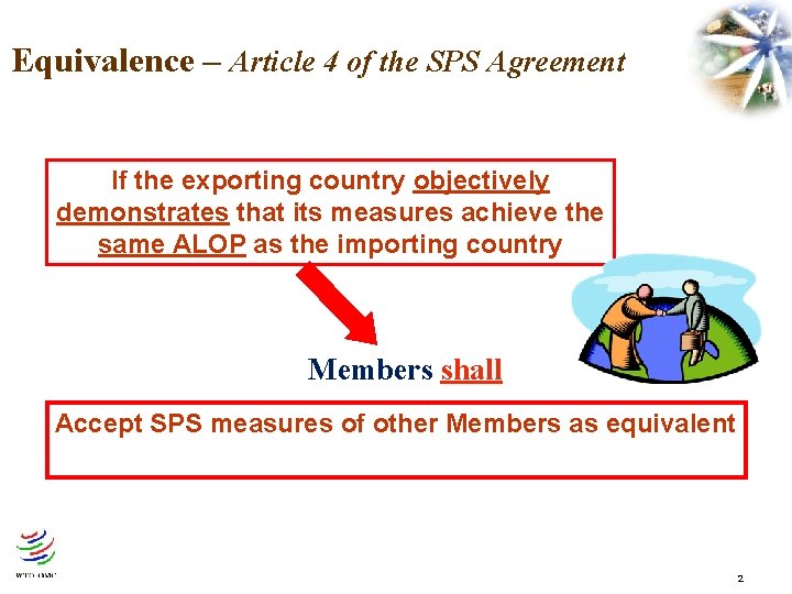 Equivalence – Article 4 of the SPS Agreement If the exporting country objectively demonstrates