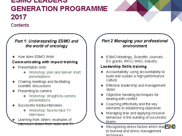 ESMO LEADERS GENERATION PROGRAMME 2017 Contents Part 1: Understanding ESMO and the world of