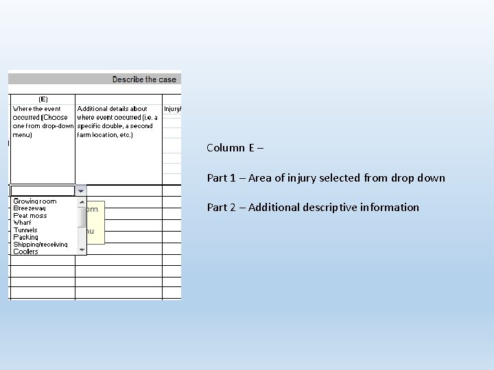 Column E – Part 1 – Area of injury selected from drop down Part