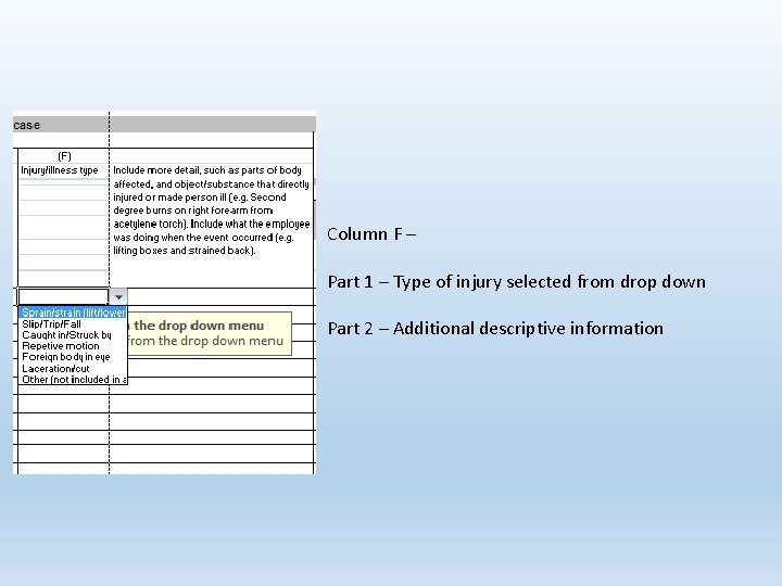 Column F – Part 1 – Type of injury selected from drop down Part