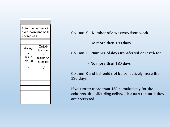Column K – Number of days away from work - No more than 180
