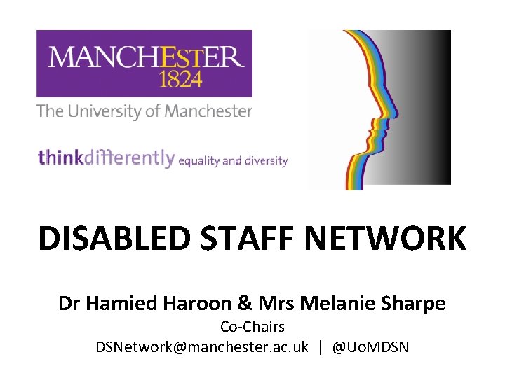 DISABLED STAFF NETWORK Dr Hamied Haroon & Mrs Melanie Sharpe Co-Chairs DSNetwork@manchester. ac. uk