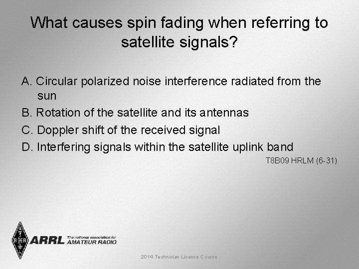 What causes spin fading when referring to satellite signals? A. Circular polarized noise interference