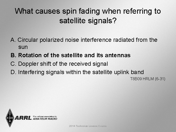 What causes spin fading when referring to satellite signals? A. Circular polarized noise interference