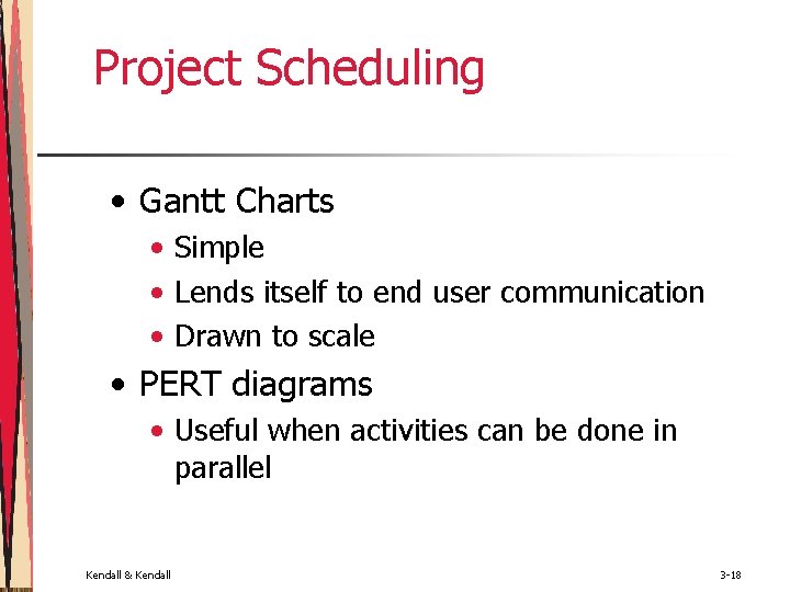 Project Scheduling • Gantt Charts • Simple • Lends itself to end user communication