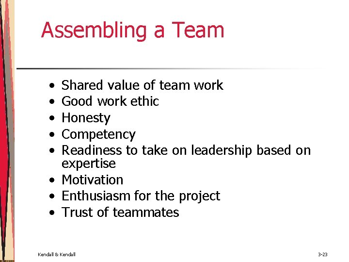 Assembling a Team • • • Shared value of team work Good work ethic