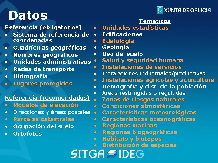 Datos Referencia (obligatorios) • Sistema de referencia de coordenadas • Cuadrículas geográficas • Nombres