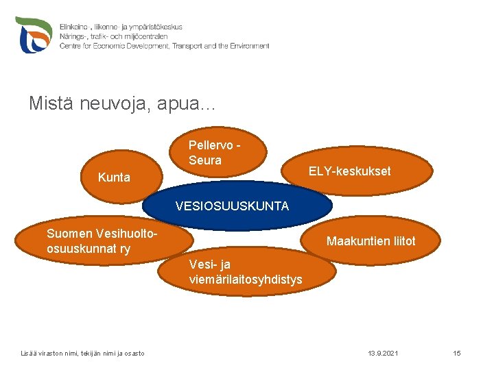 Mistä neuvoja, apua… Pellervo Seura Kunta ELY-keskukset VESIOSUUSKUNTA Suomen Vesihuoltoosuuskunnat ry Maakuntien liitot Vesi-