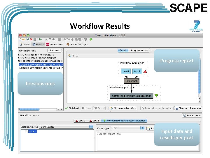 SCAPE Workflow Results Progress report Previous runs Input data and results per port 