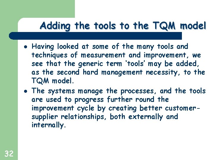 Greg Baker © 2004 Adding the tools to the TQM model l l 32