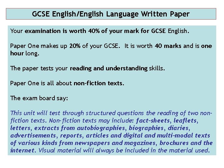 GCSE English/English Language Written Paper Your examination is worth 40% of your mark for