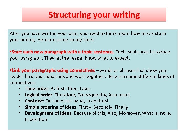 Structuring your writing After you have written your plan, you need to think about