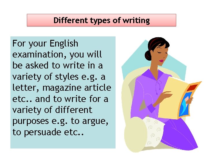 Different types of writing For your English examination, you will be asked to write