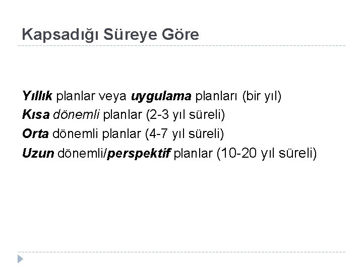 Kapsadığı Süreye Göre Yıllık planlar veya uygulama planları (bir yıl) Kısa dönemli planlar (2