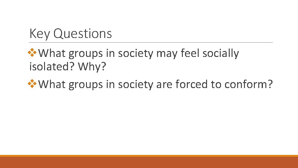 Key Questions v. What groups in society may feel socially isolated? Why? v. What