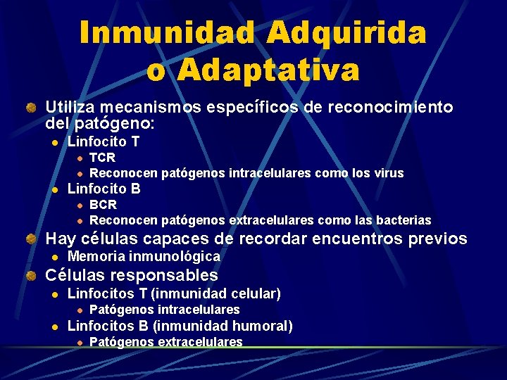 Inmunidad Adquirida o Adaptativa Utiliza mecanismos específicos de reconocimiento del patógeno: l Linfocito T