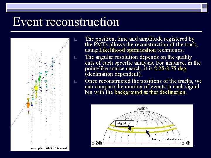 Event reconstruction o o o The position, time and amplitude registered by the PMTs