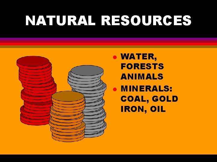 NATURAL RESOURCES l l WATER, FORESTS ANIMALS MINERALS: COAL, GOLD IRON, OIL 