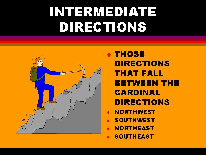 INTERMEDIATE DIRECTIONS l l l THOSE DIRECTIONS THAT FALL BETWEEN THE CARDINAL DIRECTIONS NORTHWEST