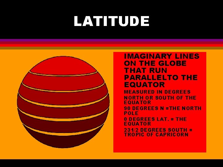 LATITUDE l l l IMAGINARY LINES ON THE GLOBE THAT RUN PARALLELTO THE EQUATOR