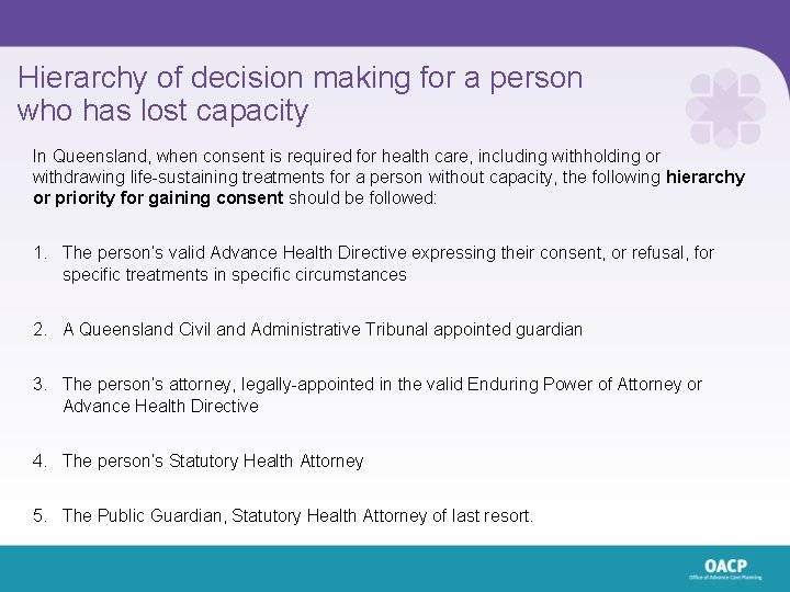 Hierarchy of decision making for a person who has lost capacity In Queensland, when Hierarchy of decision making for a person who has lost capacity In Queensland, when