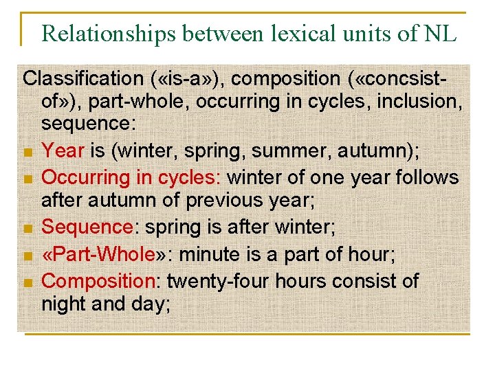 Relationships between lexical units of NL Classification ( «is-a» ), composition ( «concsistof» ),