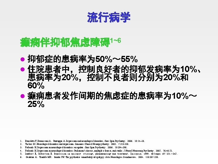 流行病学 癫痫伴抑郁焦虑障碍1~6 抑郁症的患病率为 50%～ 55% 住院患者中，控制良好者的抑郁发病率为 10%、 患病率为 20%，控制不良者则分别为 20%和 60% l 癫痫患者发作间期的焦虑症的患病率为 10%～